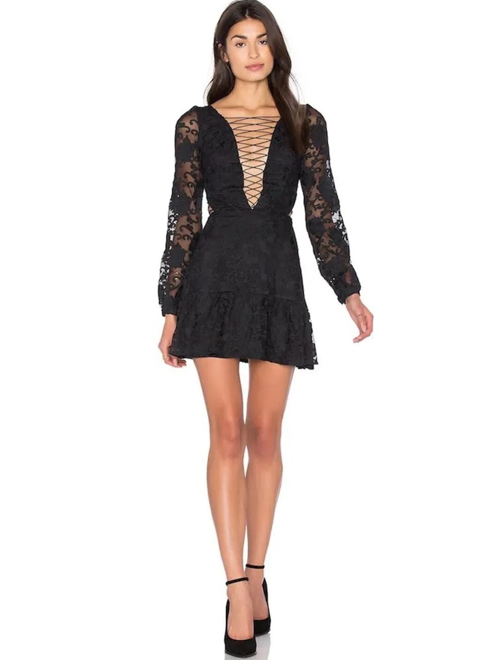 For Love & Lemons Jolene Lace-Up Sheer Lace Sleeve Black Mini Dress